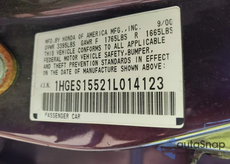 2001 Honda Civic Lx из США, поврежденный, VIN 1HGES15521L014123